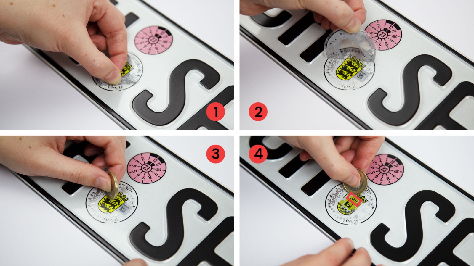 Schritt-für-Schritt-Anleitung: Sicherheitscode der Stempelplaketten auf dem Kennzeichen freilegen